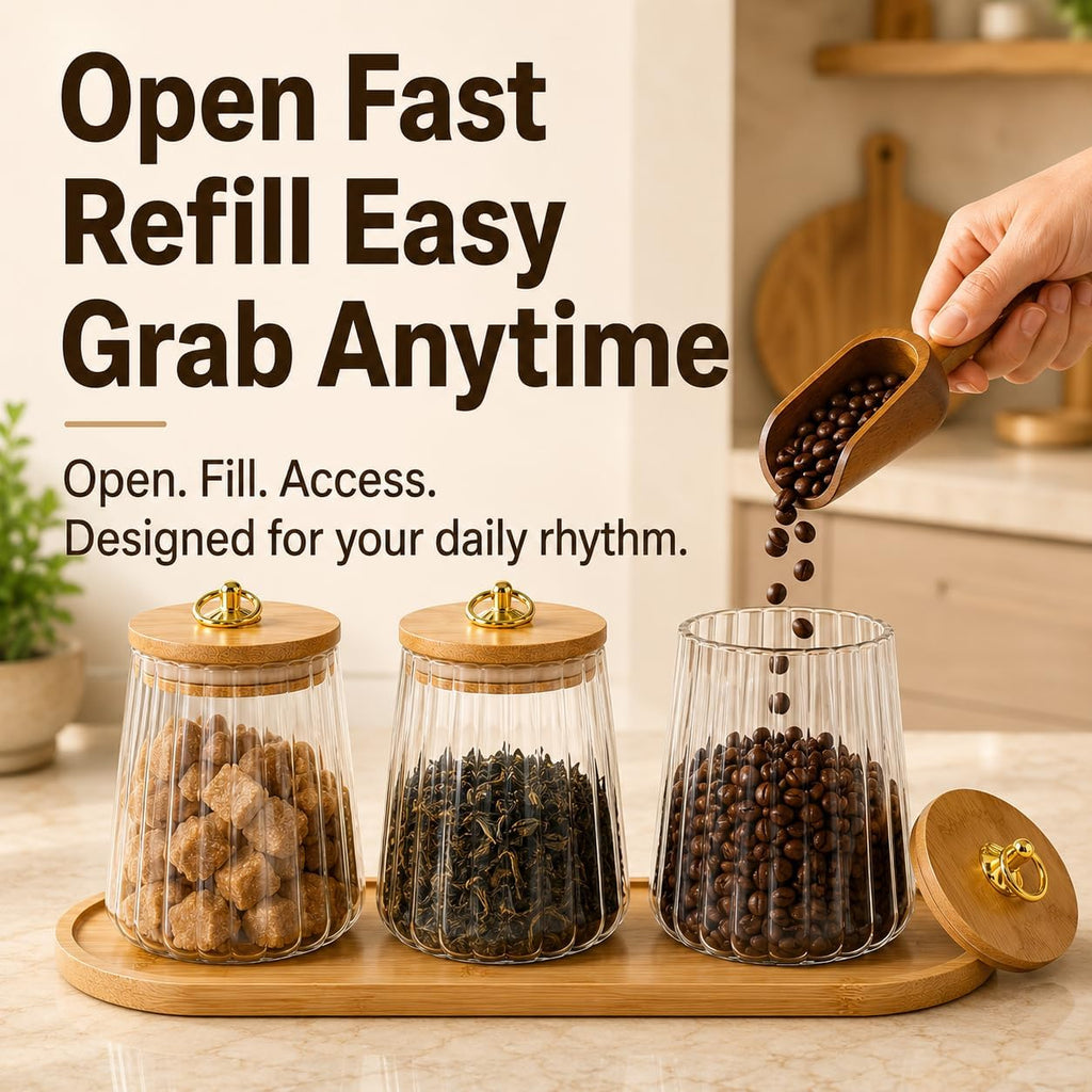 Coffee Tea Sugar Canister Set,22 oz / 650 ml Airtight Glass Storage Jars with Wooden Lids & Tray, Ribbed Clear - Set of 3