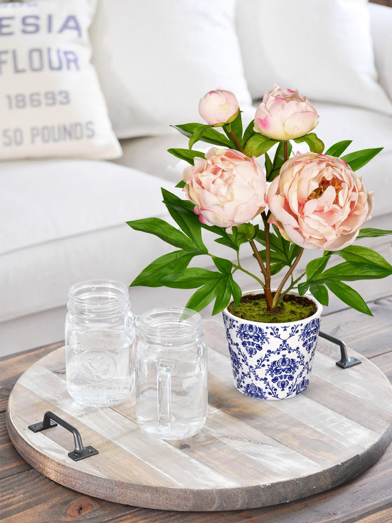 Faux Peony Flowers in Blue and White Ceramic Pot - 13.8" Realistic Silk Peonies Artificial Peony Floral Arrangement