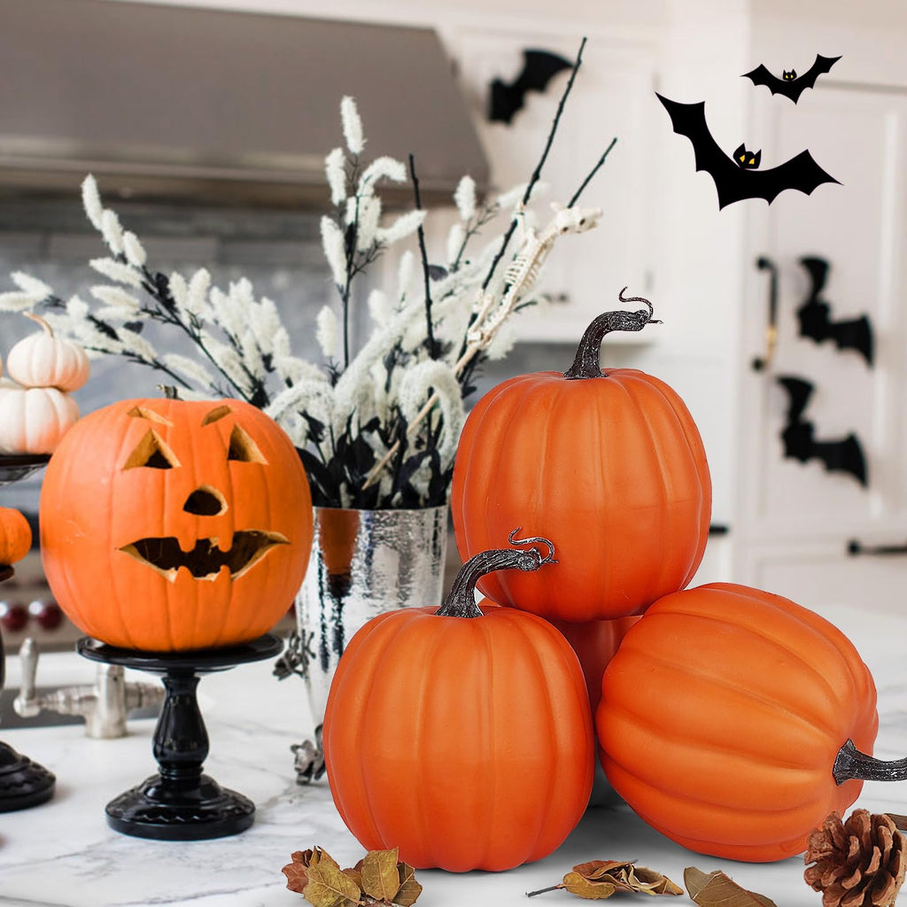 6 Inch Large Artificial Pumpkins, 4PCS Big Orange Faux Foam Harvest Pumpkins for Fall Autumn Thanksgiving Seasonal
