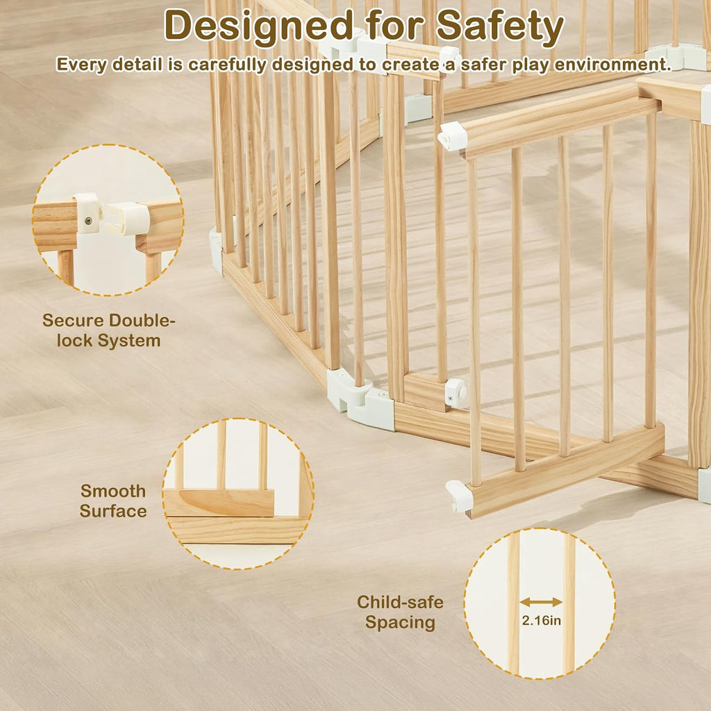Wooden Baby Playpen with Montessori Toys, 8-Panel Large Foldable Play Yard | Adjustable Baby Fence for Babies and