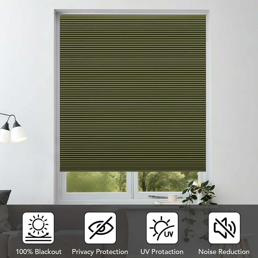 No Drill Cordless Cellular Shades, Green, Honeycomb Blinds for Indoor Windows, Blackout, Easy Install, Shades
