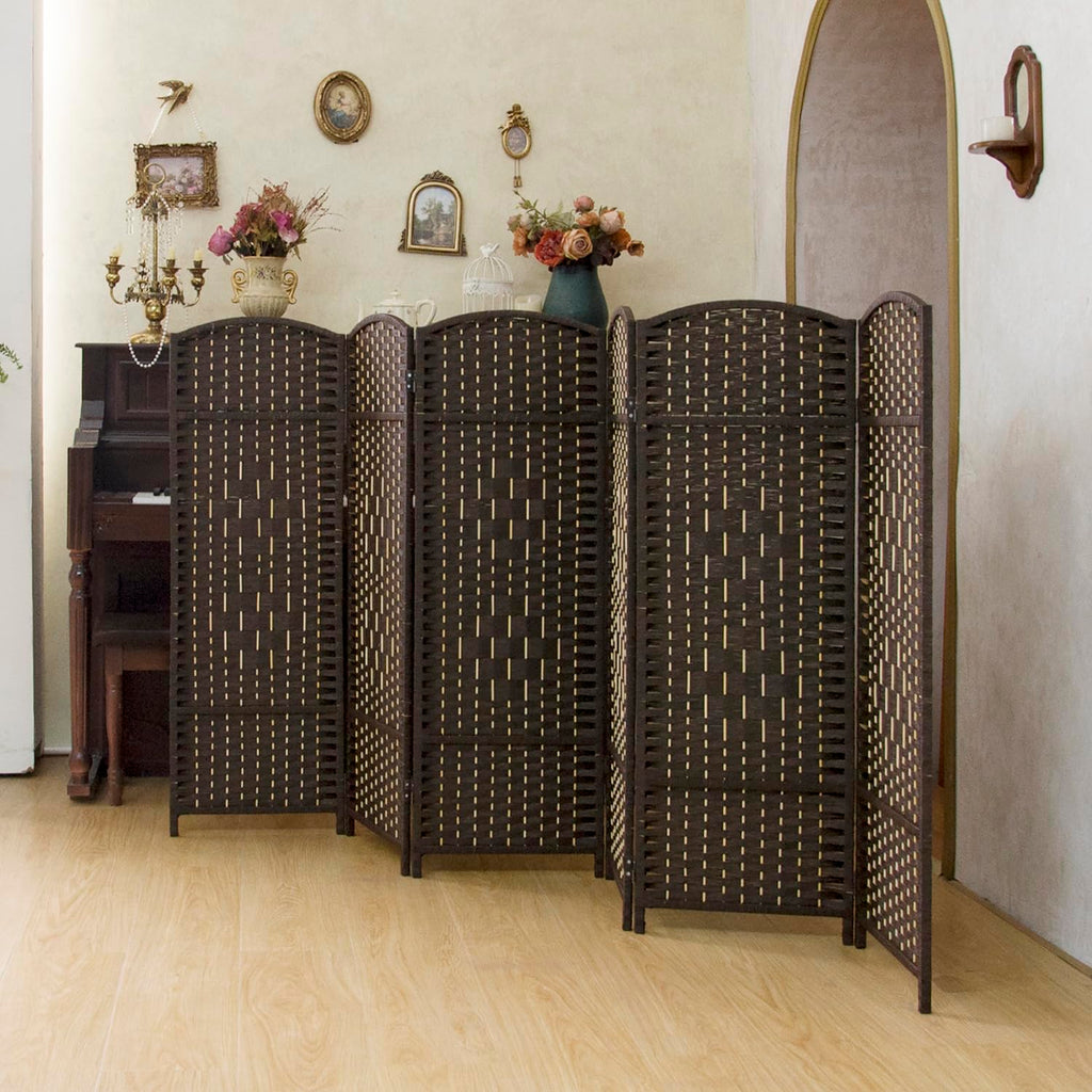 Compact 6 Panel Short Room Divider, 47.2 Inch Tall Double-Sided Rattan Folding Privacy Screen, Dark Brown