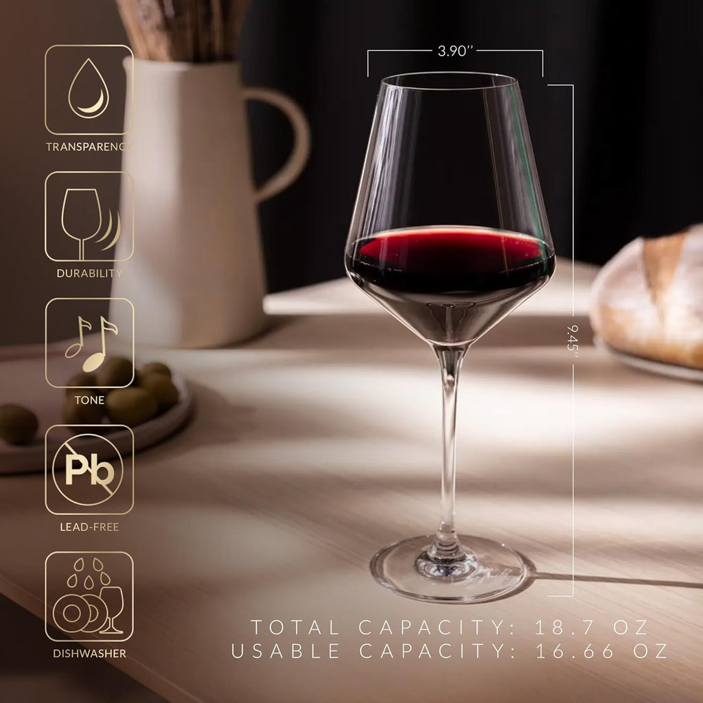 Classic Red Wine Glasses Set of 6 pieces, 16.6 oz, Avant-Garde Collection, Crystal Glass Thin Rim Long Stem Unique