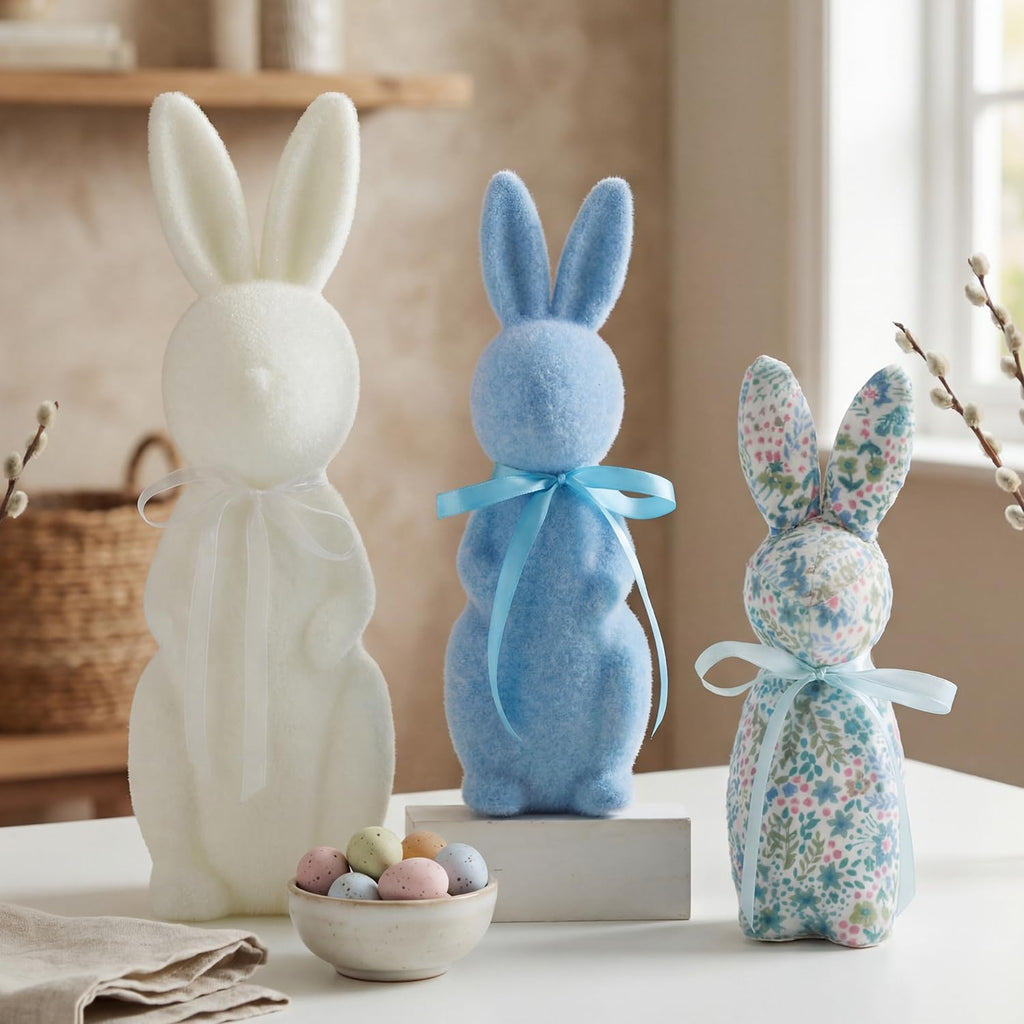Flocked Bunny Easter Decorations 9/10/13 Inch Flocked Bunny Figurines with Bow Tie Spring Easter Tabletop - Set of 3