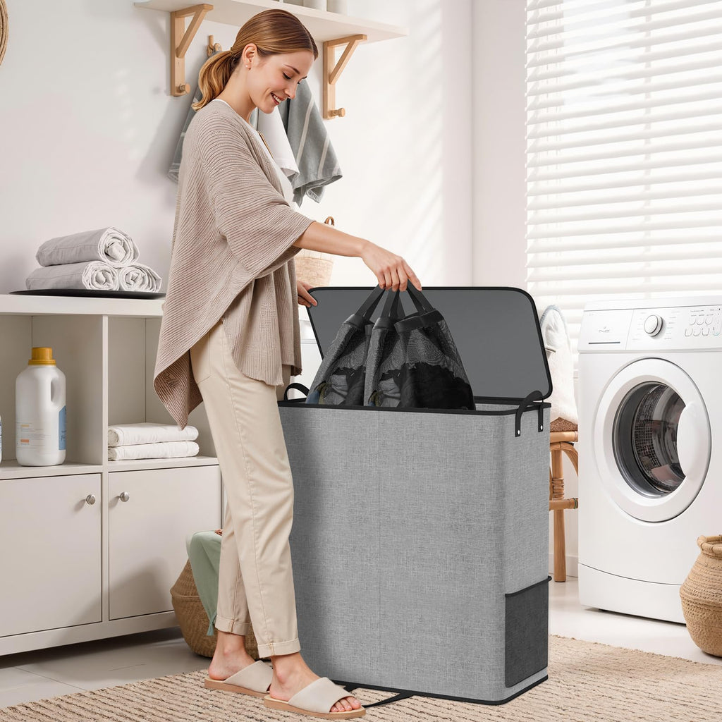 155L 2 Section Laundry Hamper with Lid, Laundry Basket, Gray