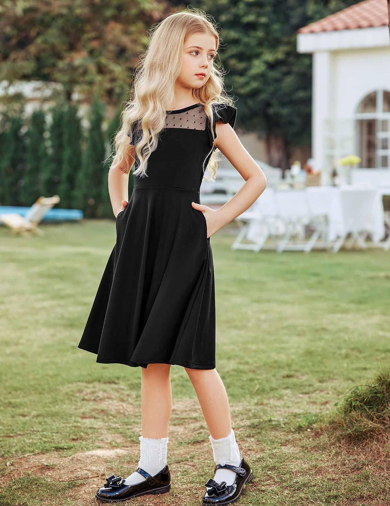 Girls Dress Summer Ruffle Sleeve Mesh A Line Casual Party Dresses with Pockets