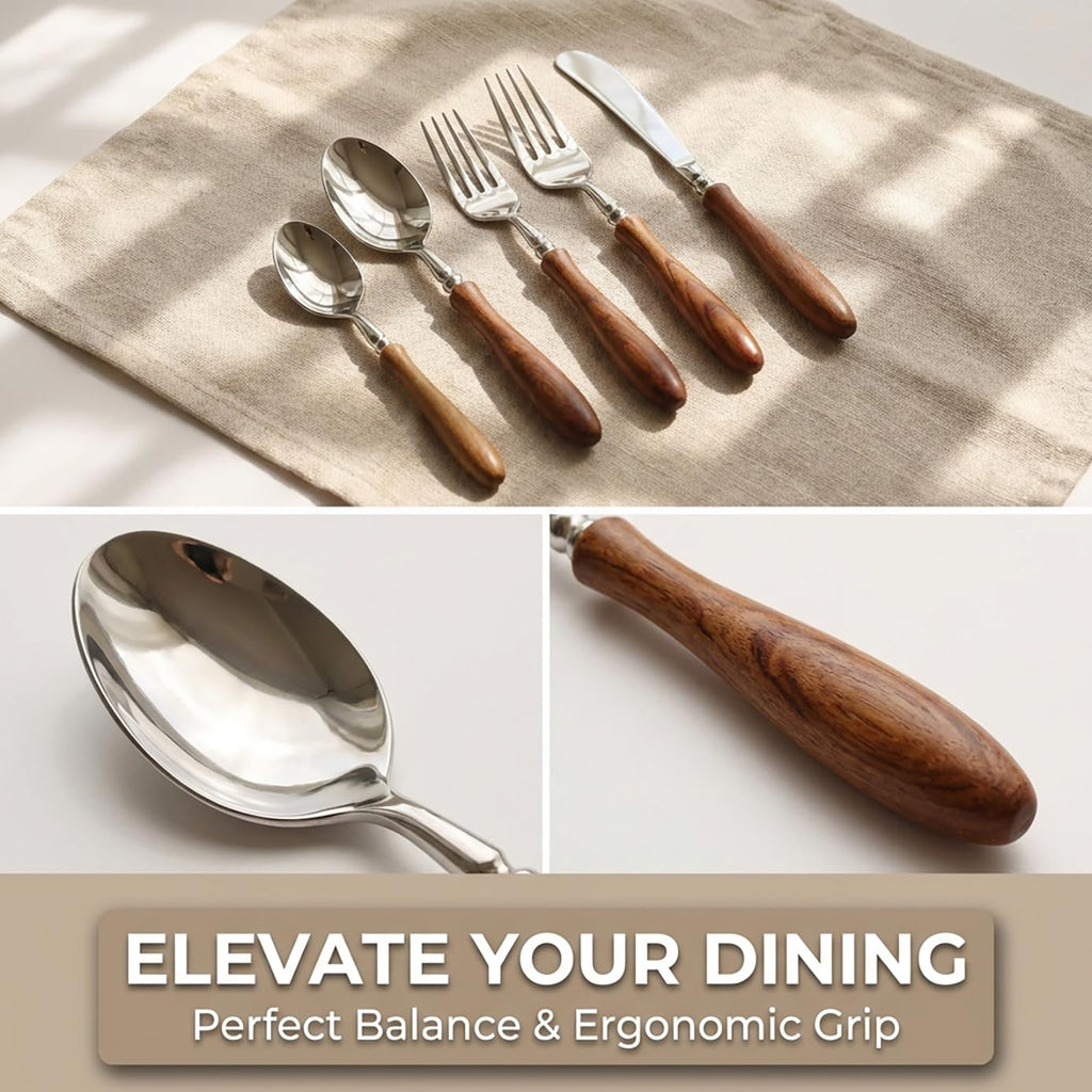 Wood Handle Flatware Set, 5 Piece, 304 Stainless Steel