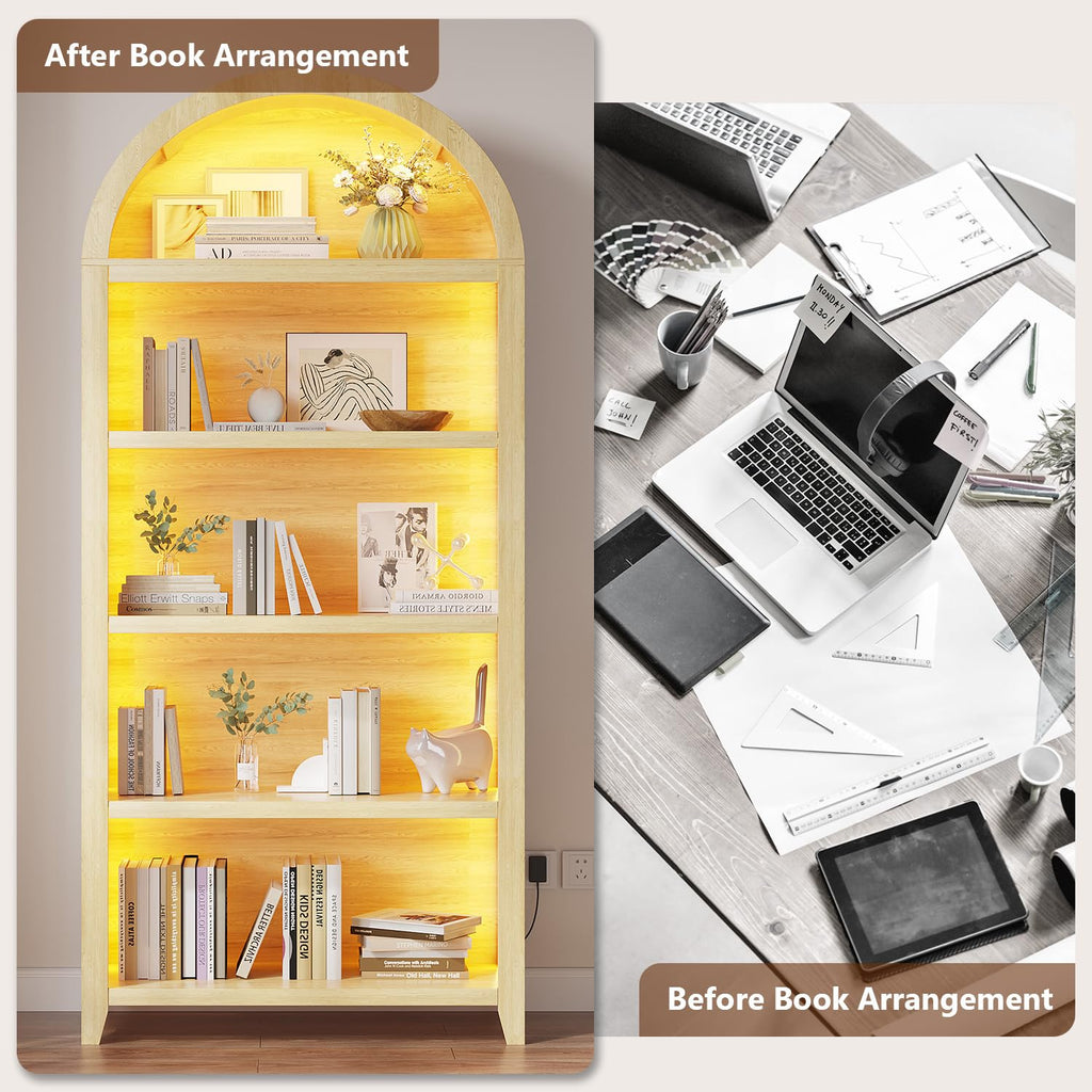 5-Tier Arched Bookcase with Led Lights & Motion Sensor, Light Wood