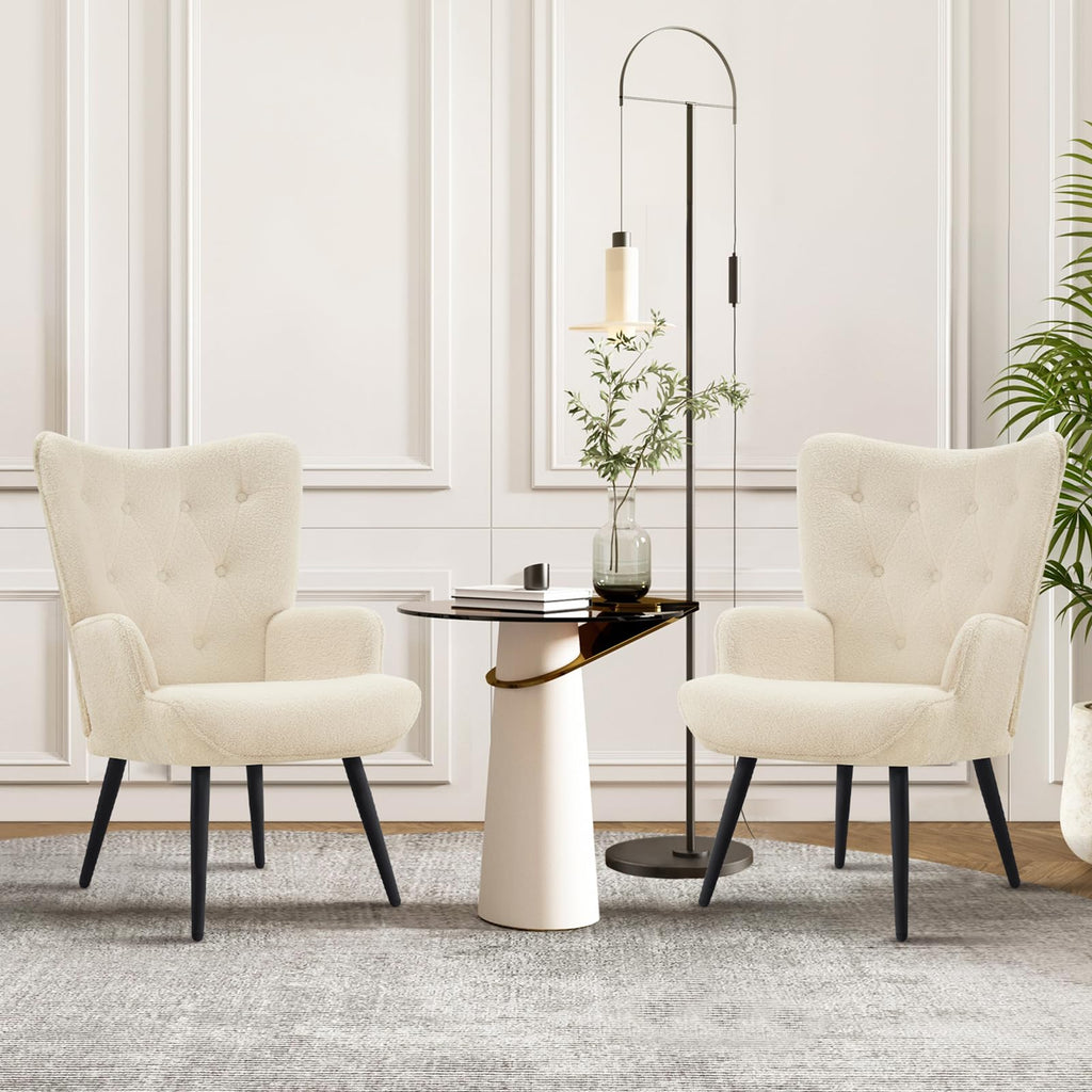 Faux Fur White Accent Chair Mid Century Modern Living Room Chairs; Comfy Armchair Leisure Vanity Guest Wingback Chair