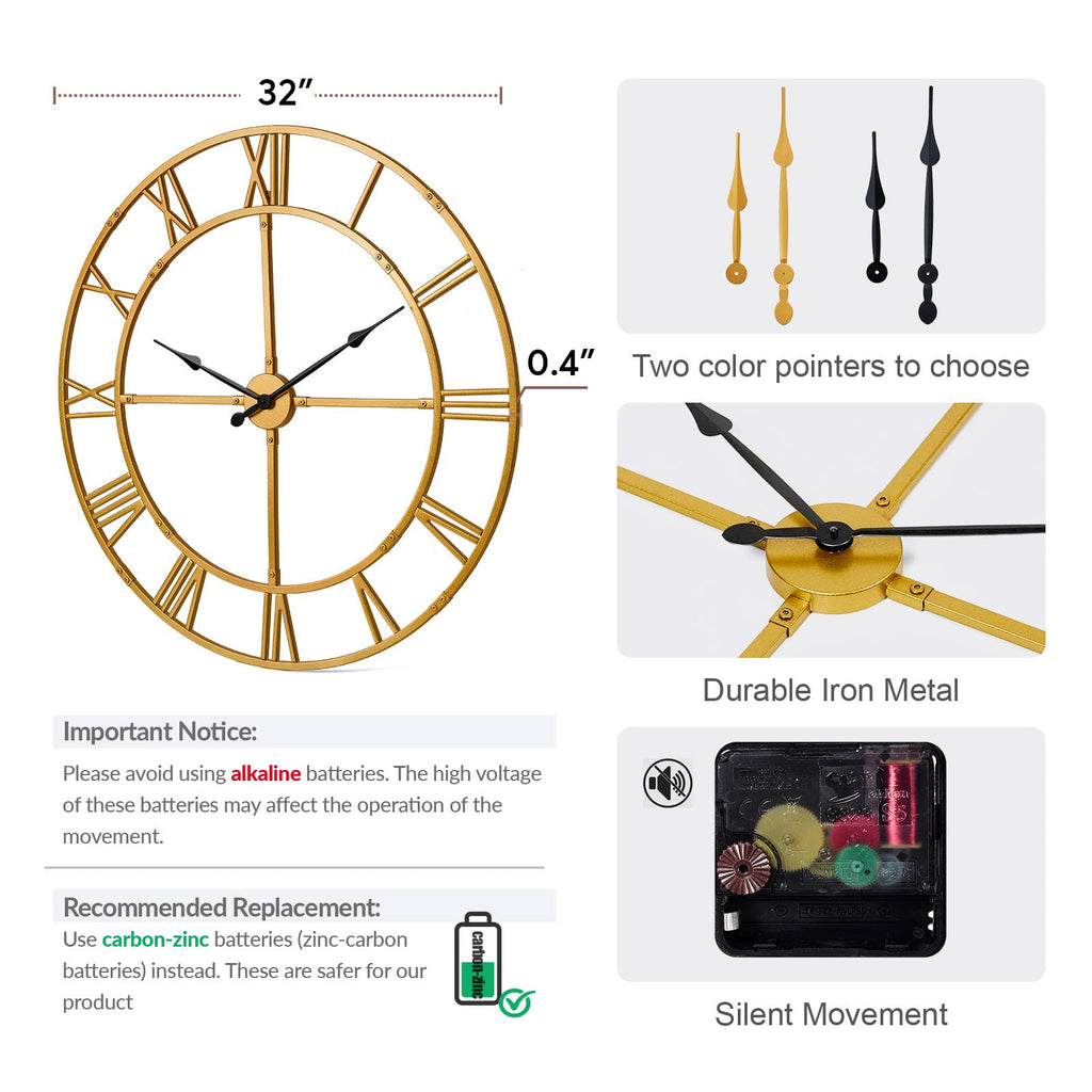 32 Inch Large Silent Wall Clock, Easy Assembly Roman Numeral Gold