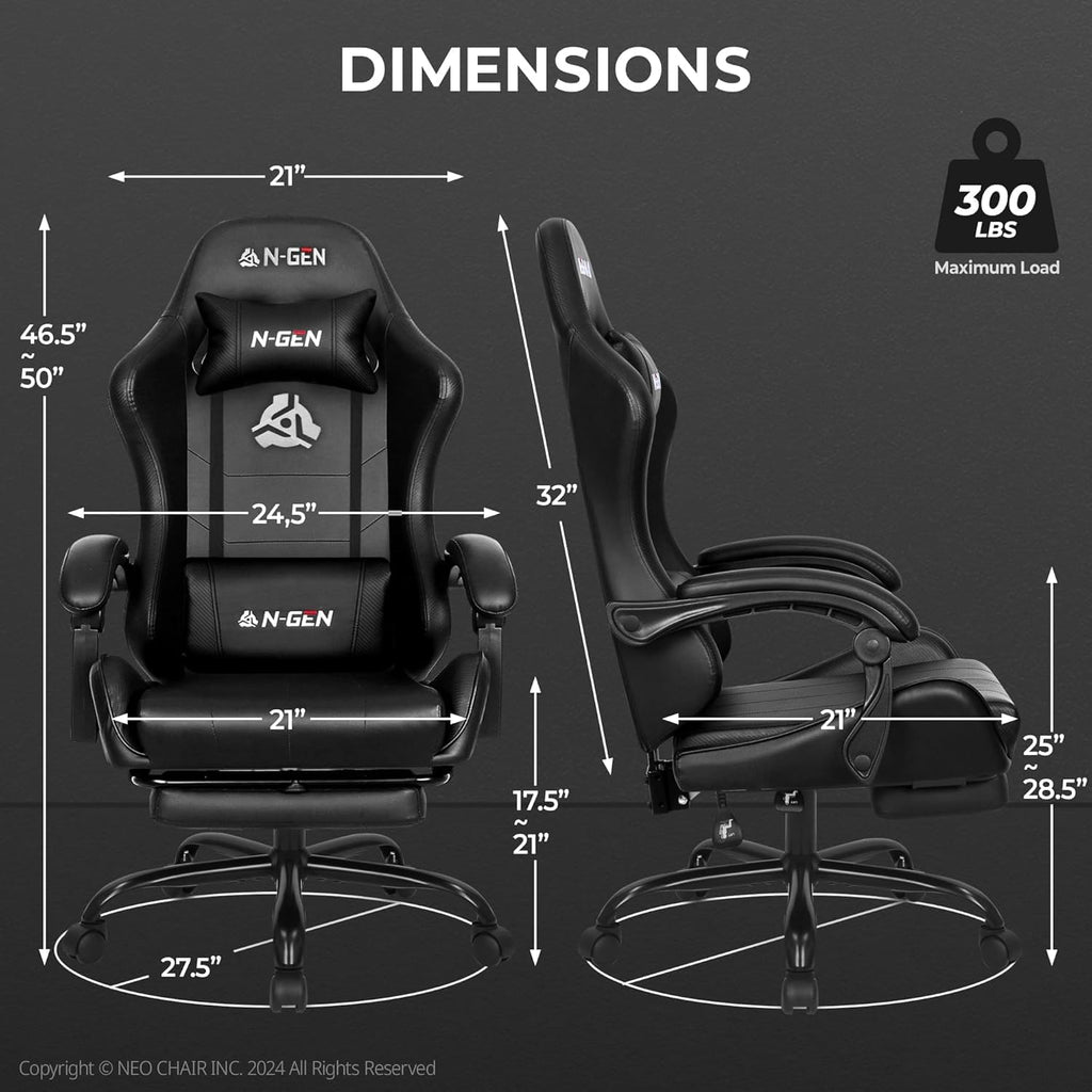 Gaming Chair with Footrest, Lumbar Support, High-Back, Black | Reclining Backrest, Linkage Armrests, Durable PU