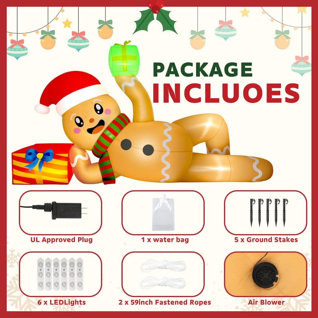 10 FT Christmas Inflatable Outdoor Decoration, Lying Gingerbread Inflatable Christmas Blow up Yard Decorations with