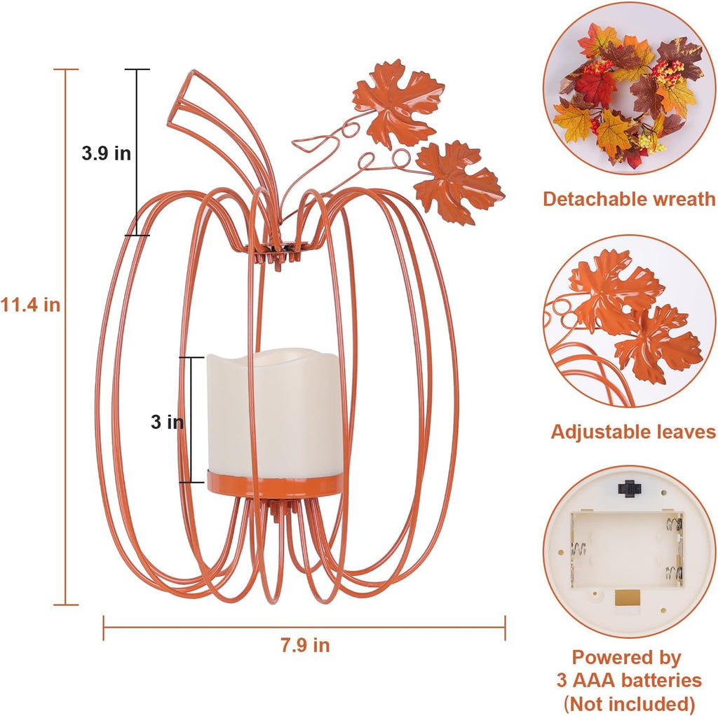 Thanksgiving Decorations,Fall Pumpkin Lanterns Decorative Indoor & Outdoor,Orange Wrought Iron Pumpkin Shape Tealight