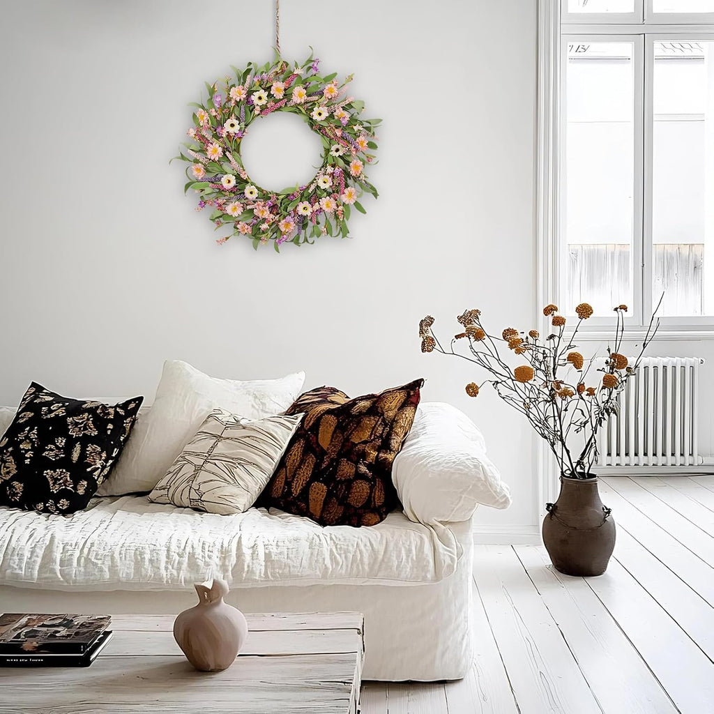 24 Inch Spring Summer Wreath for Front Door, Artificial Daisy & Lavender Flower Wreath with Eucalyptus Greenery