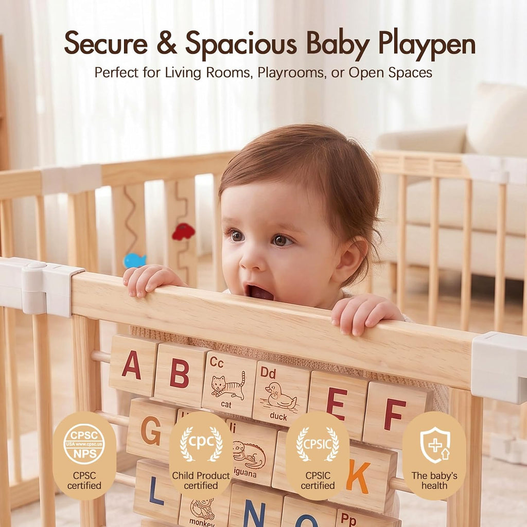 Adjustable 10-Panel Wooden Baby Playpen, 82x55x24 in | Natural Wood Play Pen, Foldable Design with Child Safety Lock