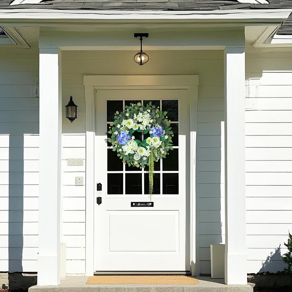 26" Fake Eucalyptus Hydrangea Flower Wreath for Front Door(White&Purple)