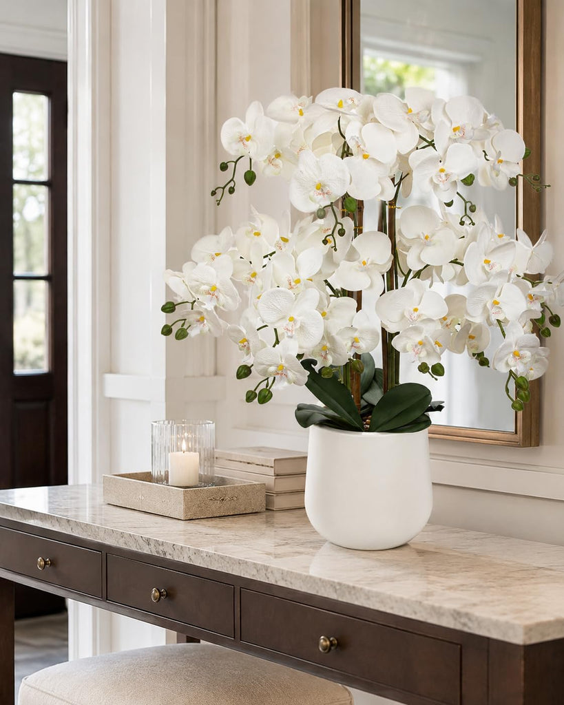 Extra Large White Orchid Artificial Flowers in Cream Resin Pot, 29.5in Lifelike Silk Orchid Arrangement Faux