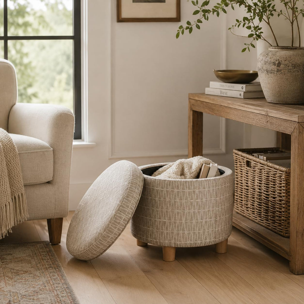 19" Round Storage Ottoman - Tan Geometric Pattern