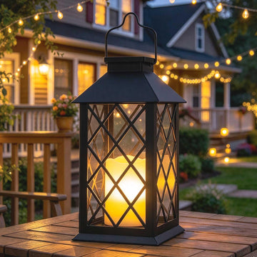 14" Large Tempered Glass Solar Lanterns Outdoor Waterproof, Black