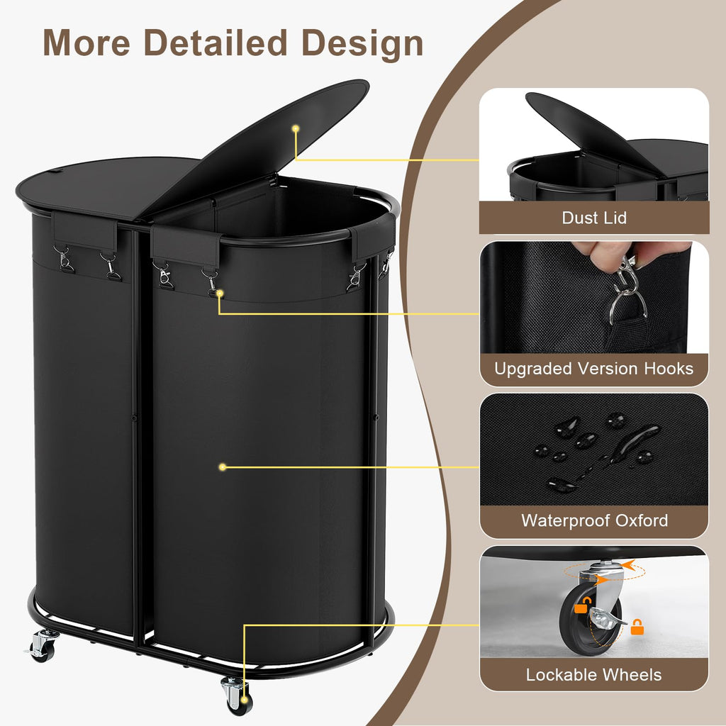 200L Double Laundry Hamper with Lid & Wheels, Oval Rolling Laundry Basket