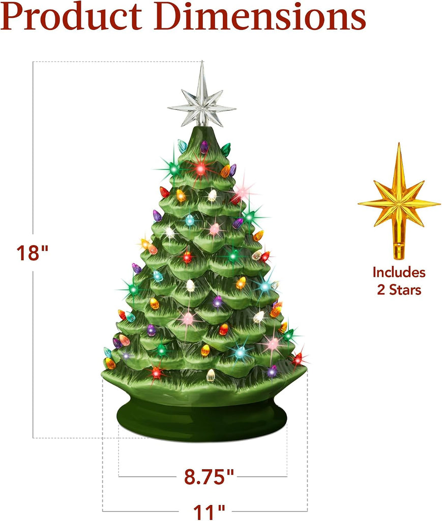 18in Large Ceramic Christmas Tree, Pre-lit Hand-Painted Tabletop Holiday Decoration w/Power Cord, 2 Star, 93