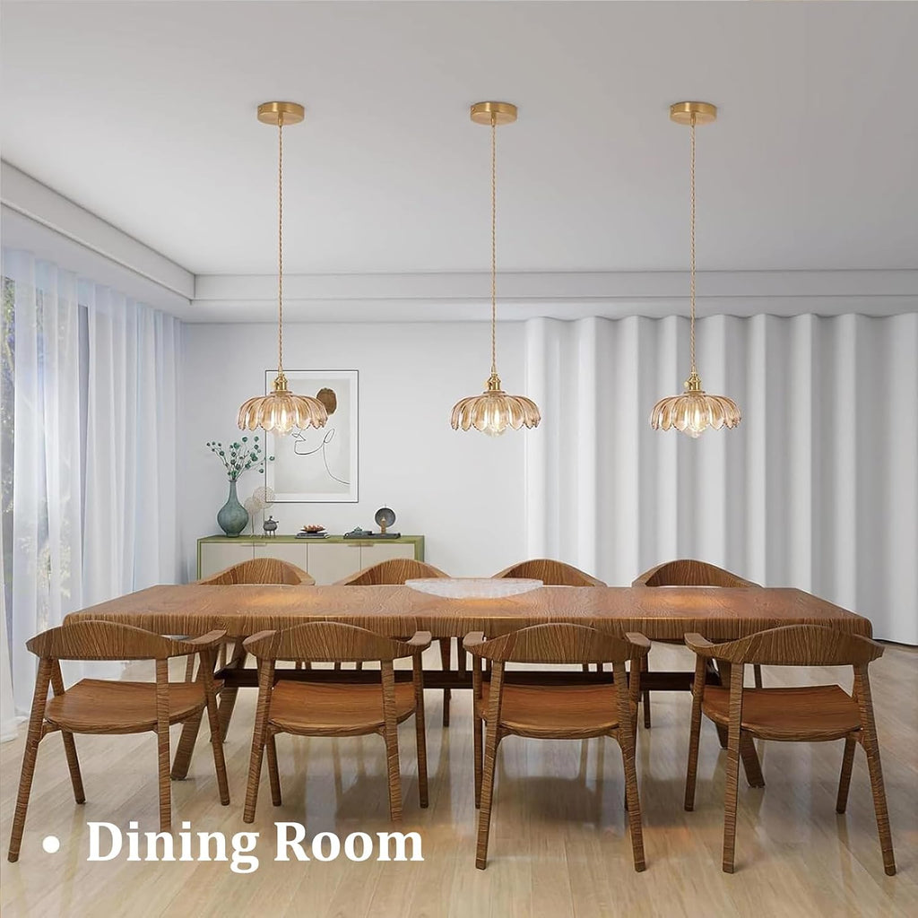 Pendant Light with Amber Scindapsus Glass Lmapshade, Brass Vintage Pendant Light Adjustable Hanging Light for Kitchen