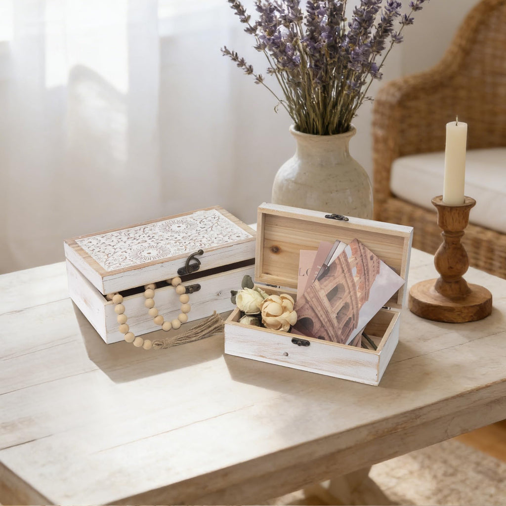 Rustic Farmhouse Decorative Wooden Boxes, Set of 2 Keepsake Box Decorative Boxes with Hinged Lid and Floral Carved