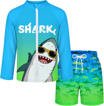 Boys Two Piece Rash Guard Swim Set with Swim Trunks Boys Bathing Suit Long Sleeve Zip Quick Dry Swim Shirt Swimsuit