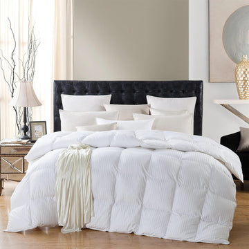 Luxurious All-Season Goose Down Comforter Duvet Insert, Exquisite Oversize Olympic Queen White Stripe Design, 98" X