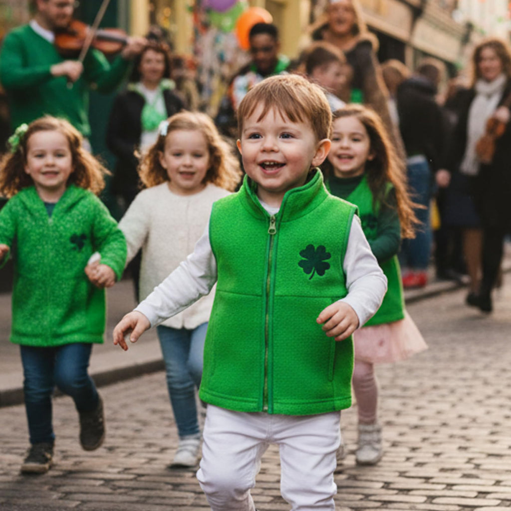 Toddler Irish Fleece Vest Jacket Clover Embroidered Sleeveless Zip-up Coat with Pockets for Baby Girls Boys