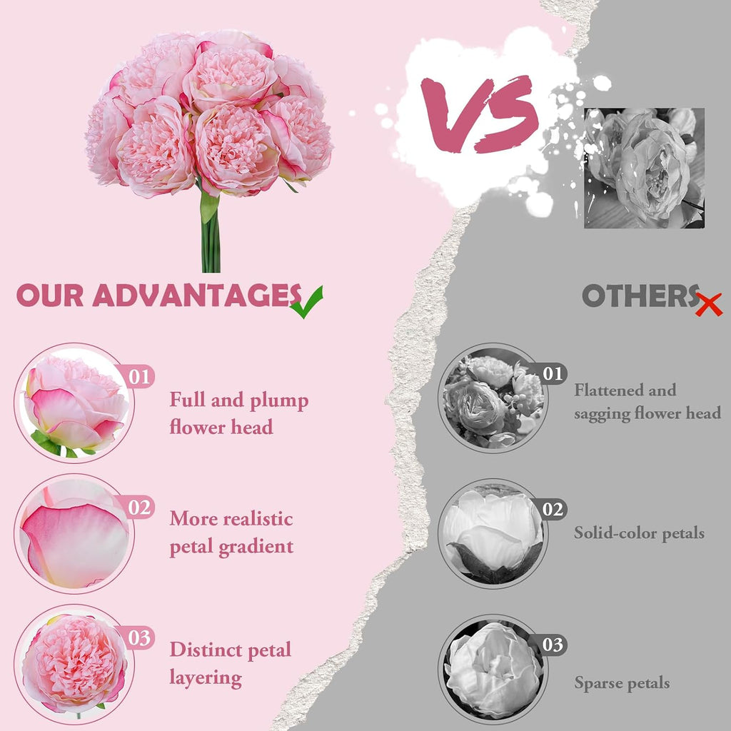 Deep Pink Realistic Silk Peonies Bouquet, Waterproof & UV Resistant Faux Peony Flowers, All-Weather Artificial - Set of 10