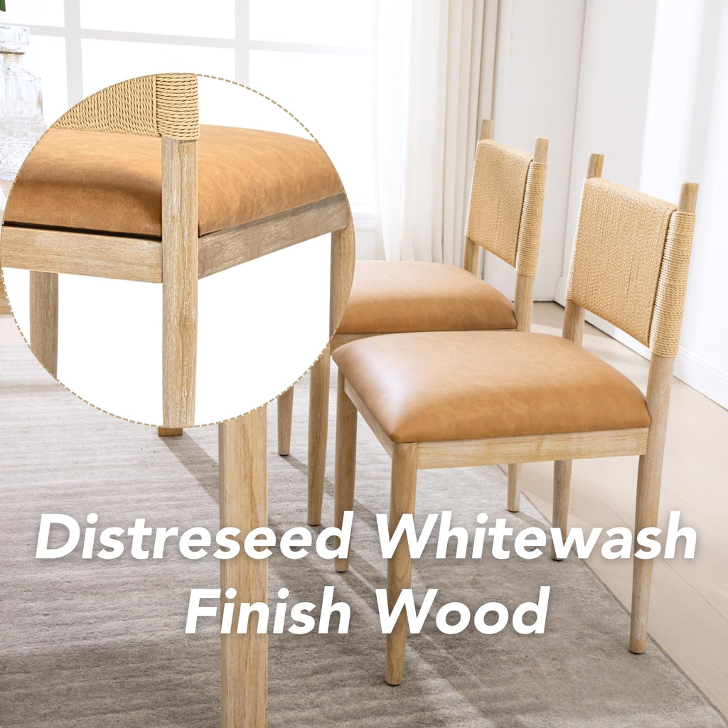 Modern Coastal Woven Dining Chairs Set of 4, Brown Faux Leather