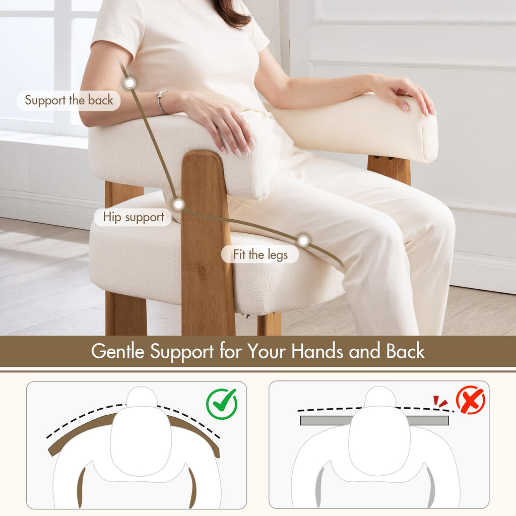 Set of 2 Modern Boho Barrel Dining Chairs with Wood Legs, White Upholstered Accent Armchairs with Thick Padded