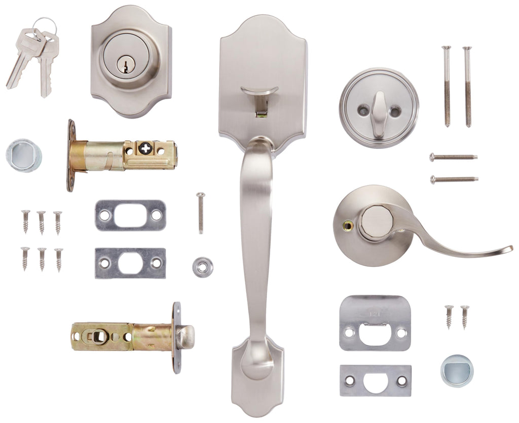 Front Door Lock Set, Handleset with Shelby Lever, Single Cylinder, Easy to Install, Satin Nickel