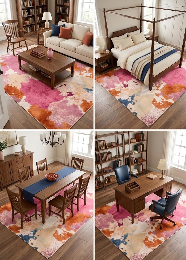 5x7 Green and Pink Modern Abstract Wavy Stripe Area Rug