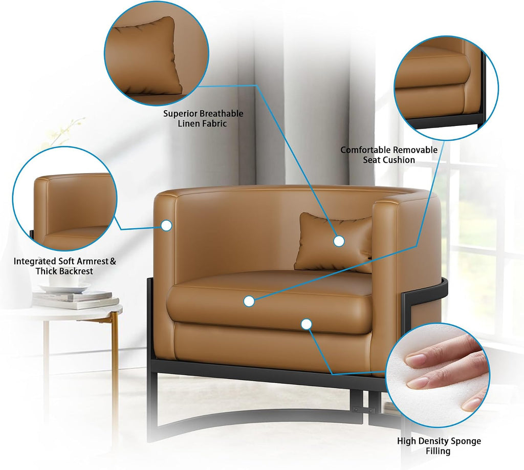 Upholstered Modern Living Room Chairs Barrel Accent Chair, Faux Leather Armchair Mid Century Lounge Chair Anti