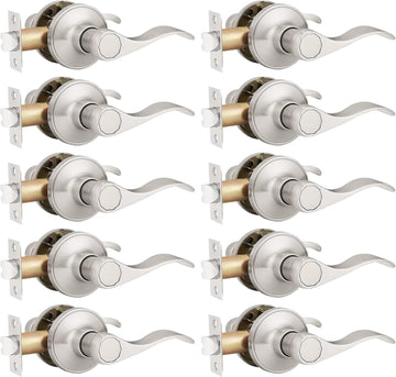 10 Pack Satin Nickel Passage Door Lever Handles Without Locking, Hallway/Closet Wave Style Heavy Duty Interior Door
