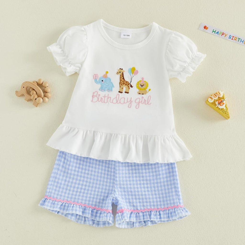 Girl Birthday Outfit Birthday Girl Animal Embroidery T-shirt Ruffle Plaid Shorts Cake Smash Outfit 1