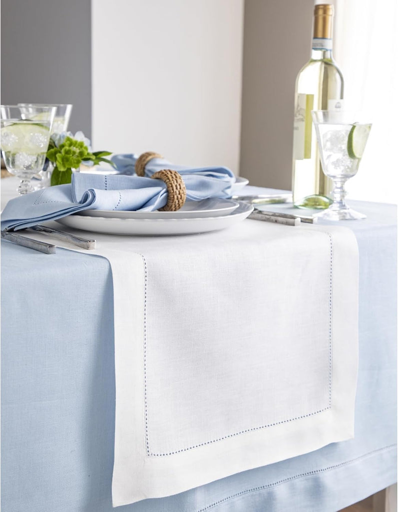 100% Linen Table Runner White, Classic Hemstitch 14 x 108 in