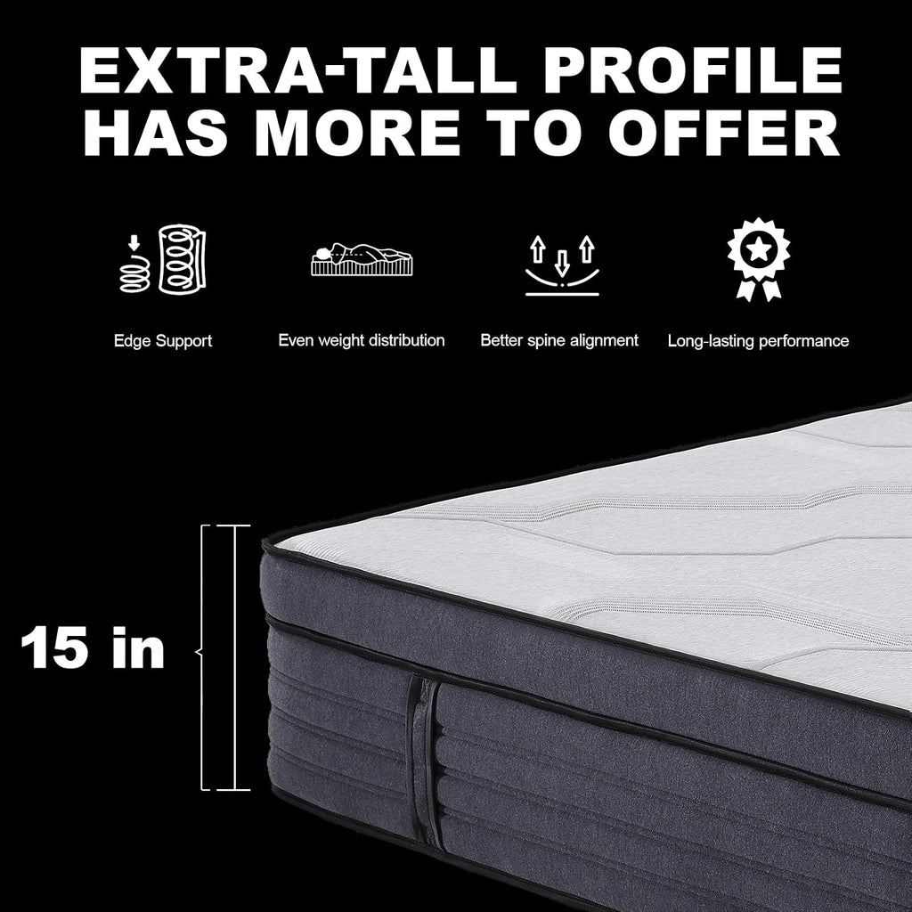 California King Mattress, 15 Inch Hybrid Charcoal Gel Memory Foam Mattress with Edge Support Pocket Coils, Cooler