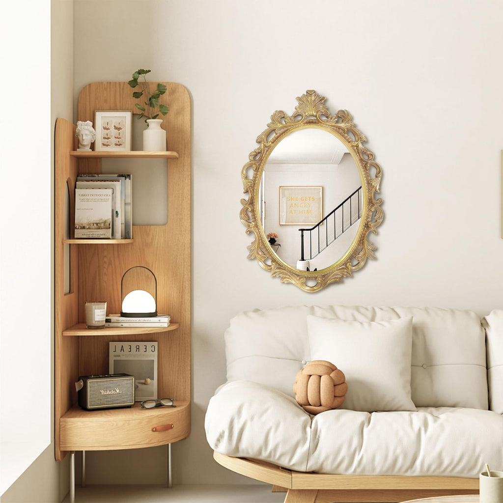 Antique Gold Oval Wall Mirror, Vintage Gothic Scroll