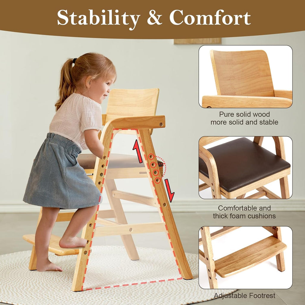 Toddler High Chair Wooden Dining Chair with Padded Seat Natural | Adjustable Kids Dining Chair for Dining Table