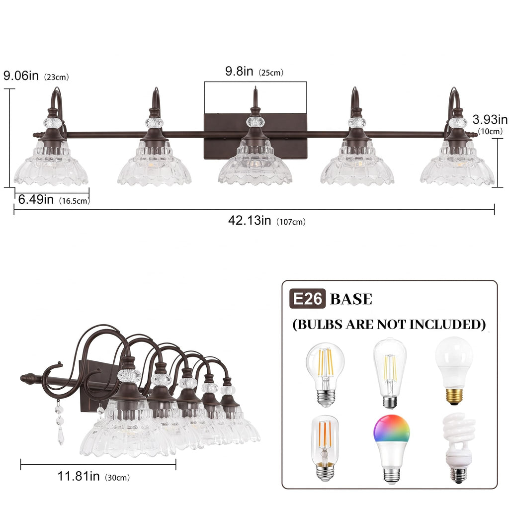 5-Light Oil Rubbed Bronze Vintage Bathroom Vanity Light w/Flower Shade