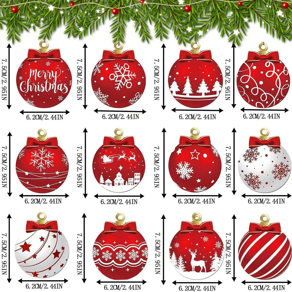 Red and White Christmas Ball Design Hanging Wooden Ornaments Set - Festive Winter Holiday Tree Decorations - Set of 12