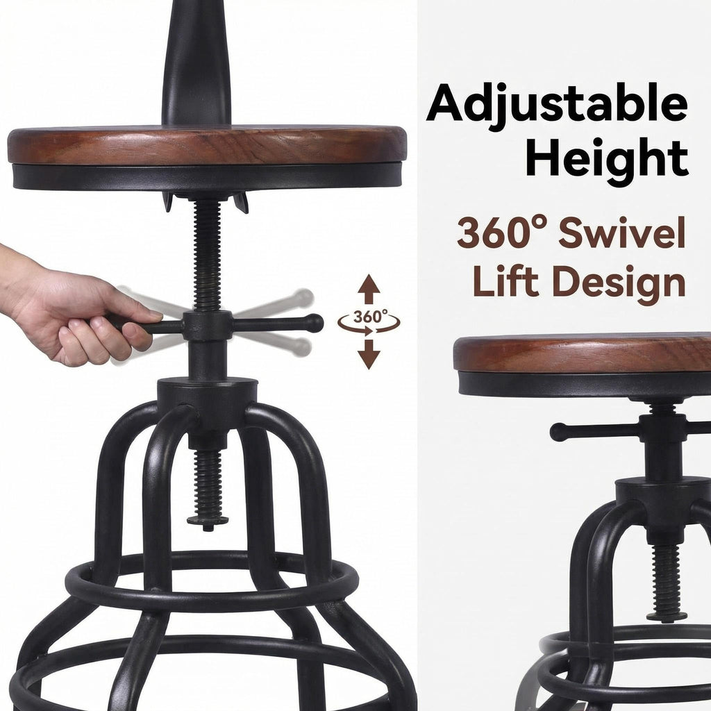 Industrial Vintage Counter Stool, Kitchen Counter Height Adjustable Swivel Chair, Metal Frame Stool, with Iron