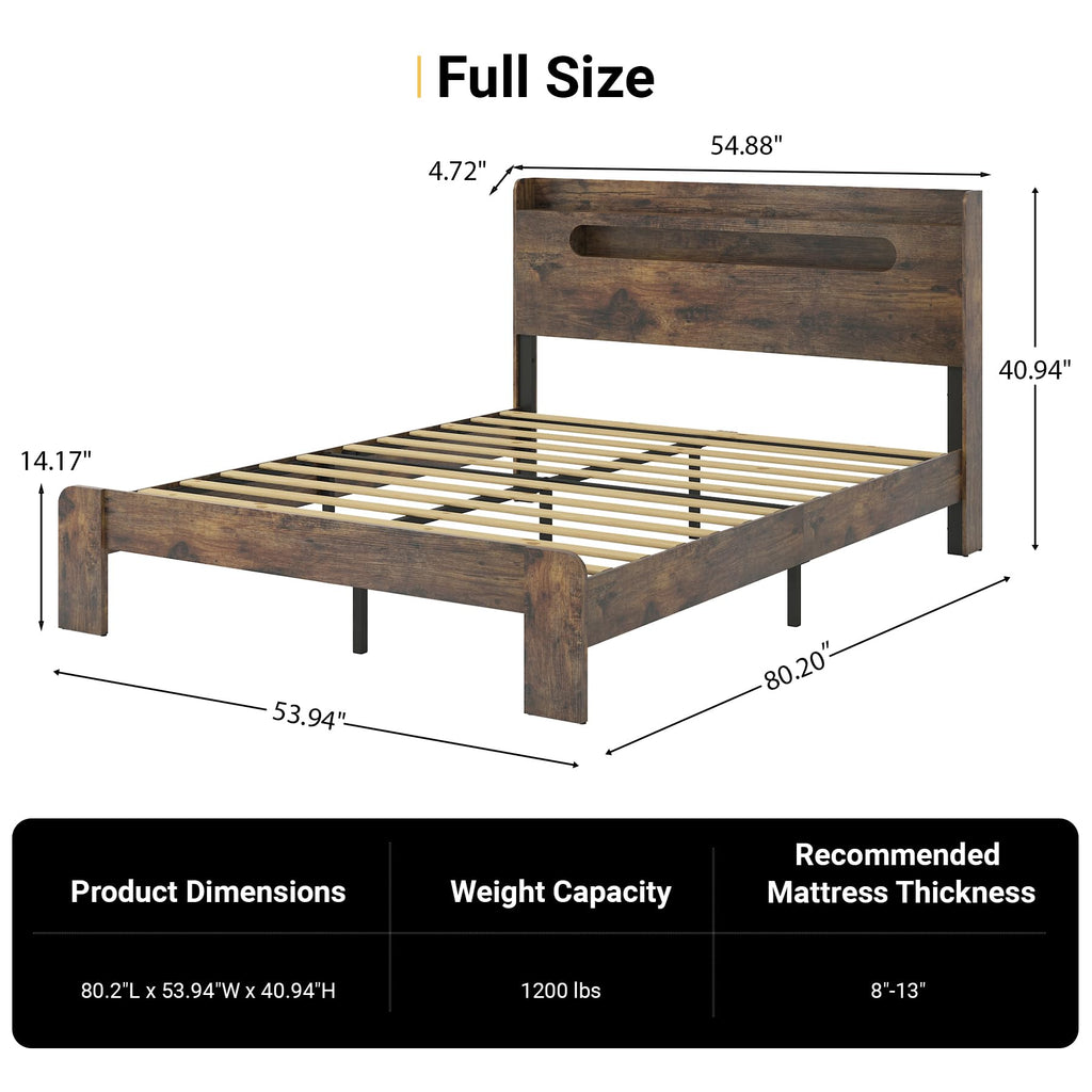 Wooden Bed Frame with Storage Headboard, Rustic Farmhouse Platform Bed Frame with Charging Station &