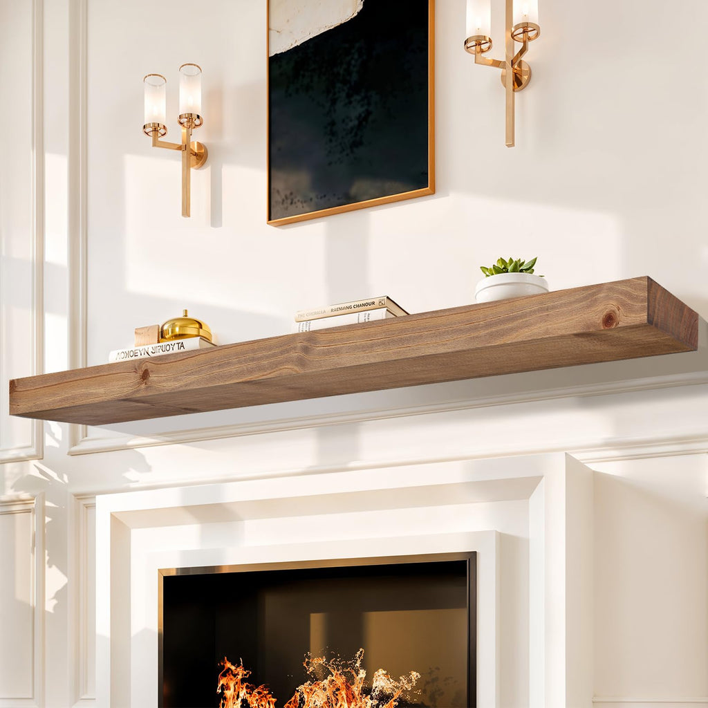Solid Fireplace Mantel 72 Inch, Rustic Wooden Mantel Shelf for Wall, Dark Oak