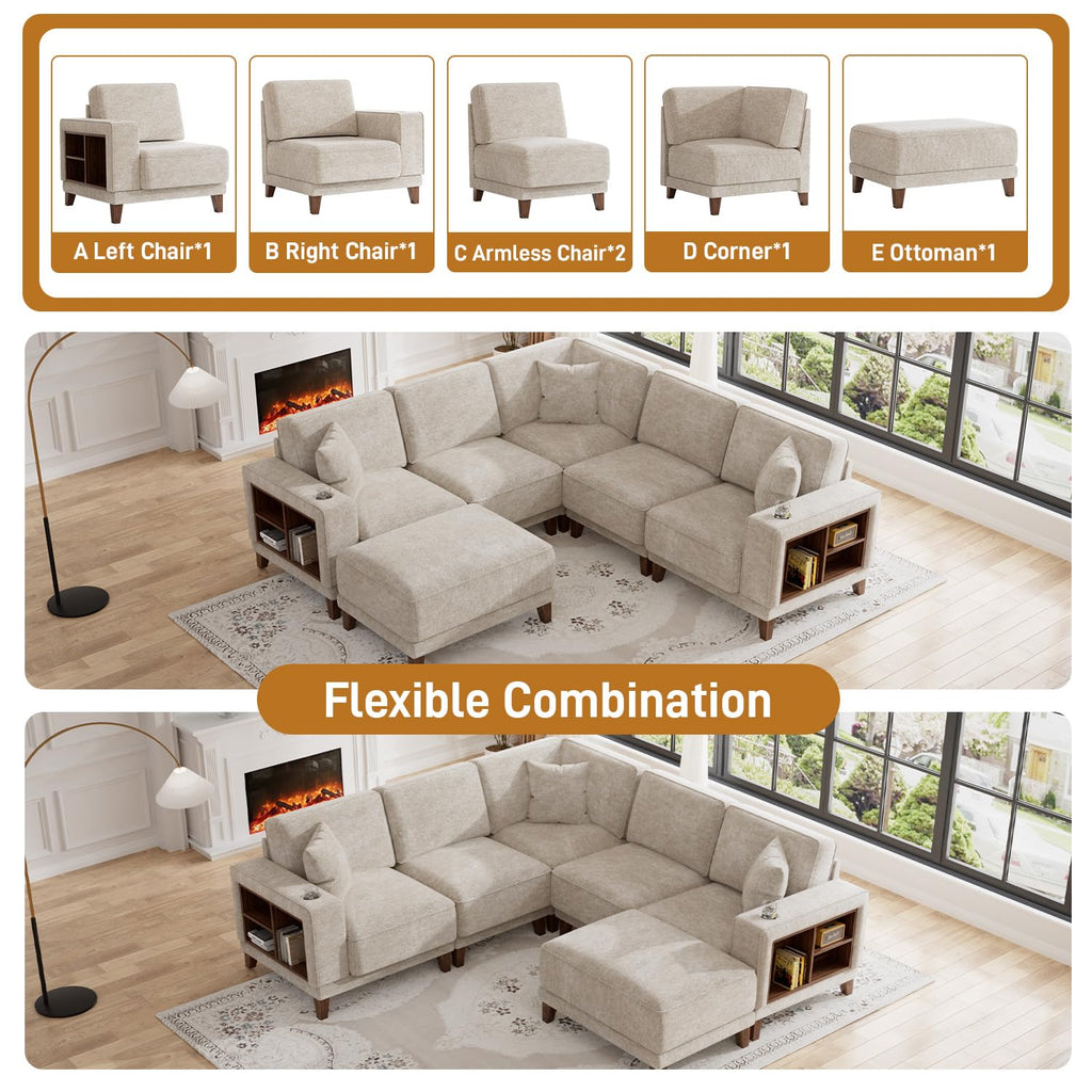 Oversized Modular Sectional Sofa, 6-Seat Deep Seat Sofa with Ottoman, USB Ports, Hidden Cup Holders, Side Storage