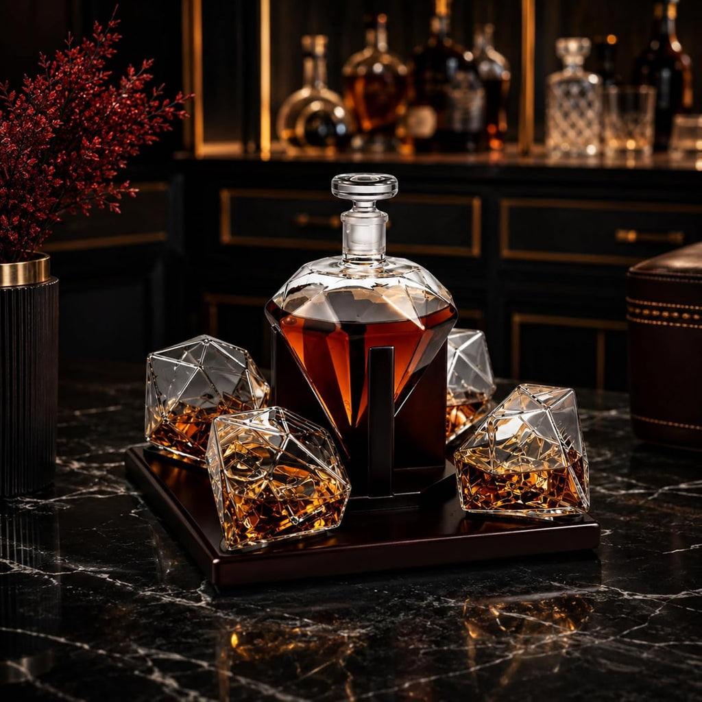 Ry Diamond Whiskey Decanter Set with 4 Matching Glasses & Mahogany Wood Base - 750ml Hand-Blown Borosilicate Glass - Set of 5