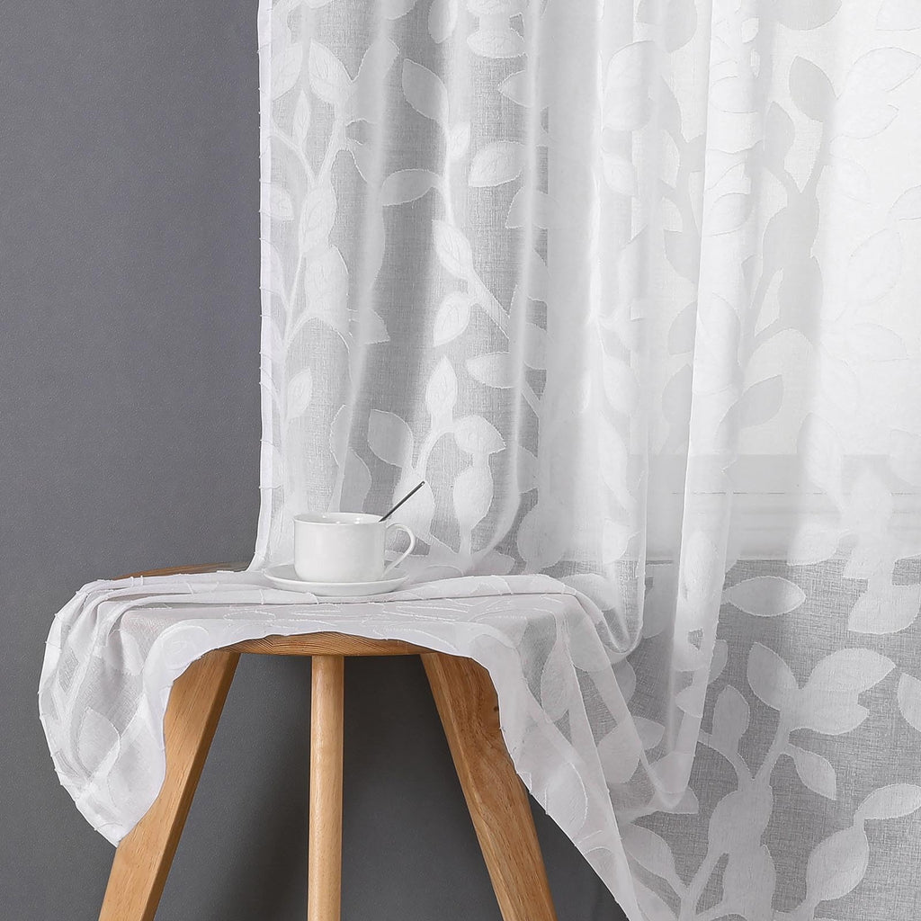 White Sheer Curtains 96 inches Long 2 Panels, Jacquard Clip Leaf Pattern Textured Light Filtering Window Semi Sheer